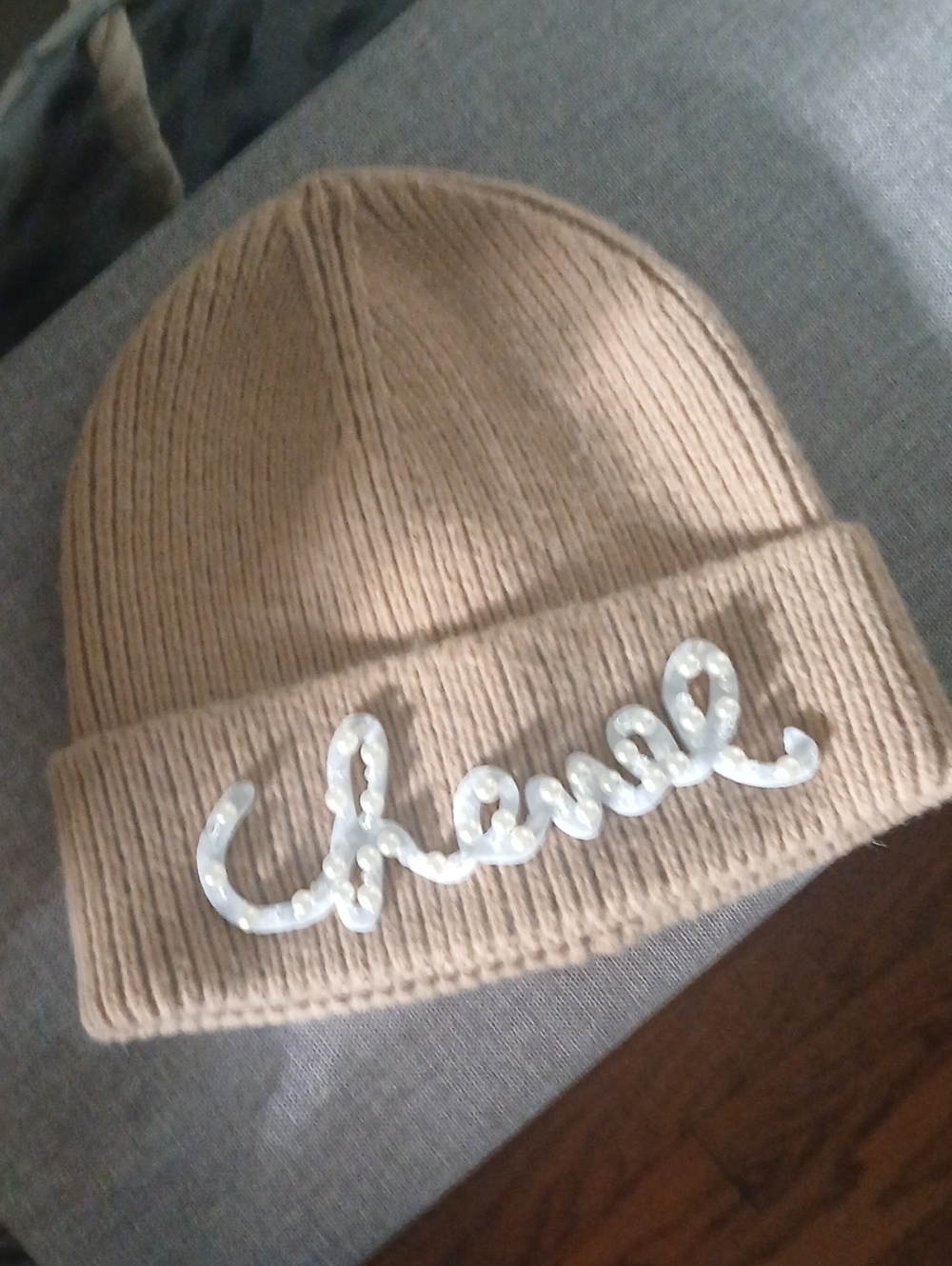 Womens CC Beige Knit Beanie with Pearl Script Accent